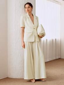 Arave Blazer informal de manga corta con escote en V y cuentas hecho a mano de alta calidad y elegante para mujer en color beige