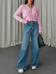 EURMUSE Casual V Neck Pink Color Cable Knit Diamond Pattern Drop Shoulder Tie Knot Front Cardigan,Cardigans For Women,Long Cardigans Woman,Petite Cardigans,Cardigans - Pink - View 3