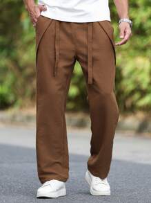 Manfinity Homme Men's Solid Color Pocketed Loose Casual Linen-Look Belted Pants - Coffee Brown - View 3