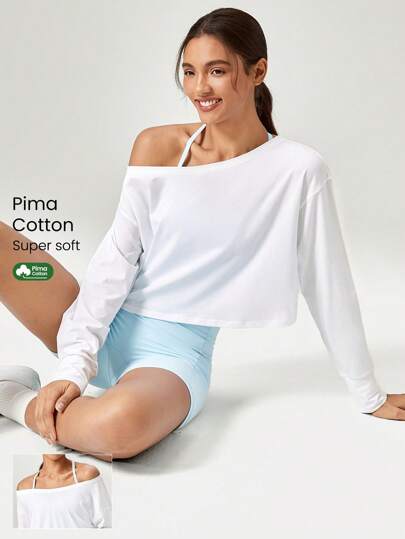 GLOWMODE Pima Cotton Cropped One-Shoulder Drop Shoulder Long Sleeve Tee Daily Casual