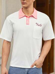 Manfinity VCAY Men's Casual Knit Letter Embroidered Loose Raglan Short Sleeve Polo Shirt - Multicolor - View 4