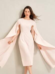 SHEIN Clasi Women's Elegant Cloak Sleeve Solid Color Long Dress With Slit Hem And Waist Strap Fall Cloth For Women