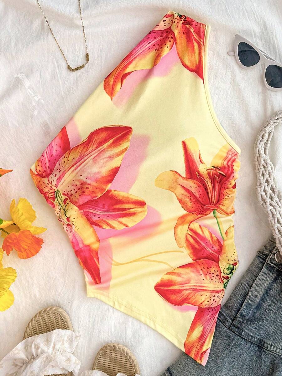 SHEIN 少女春季度假黄色针织休闲花卉印花露肩修身不对称肩部不对称上衣 - 黃色 - 查看 1