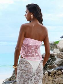 Opulessa Top corto sin tirantes con decoración floral para mujer - Rosa Pálido - Ver 2