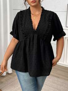 Plus Size Women Frill Short Sleeve Loose Casual Blouse For Summer - Black - View 5