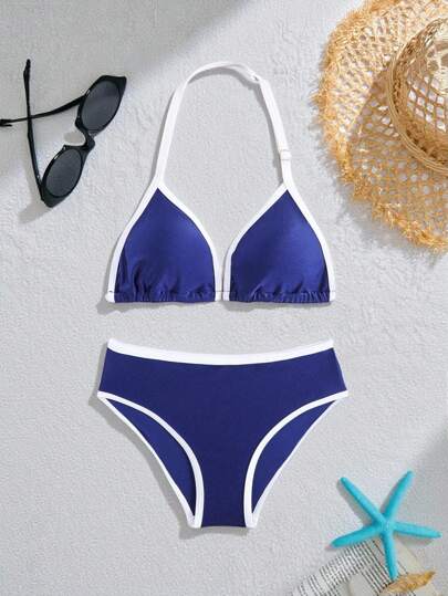 2 件套青少年女童蓝白休闲简约分体泳衣套装，沙滩装泳衣女士泳衣青少年泳衣套装泳衣套装青少年女童两件套