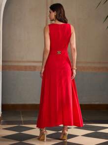 ZEYLAH Summer Vacation Round Neck Sleeveless Linen Long Dress