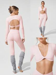 GLOWMODE FeatherFit™ Ready To Glow Long Sleeve Twist Front Open Back Removable Cups Crop Top Low-Impact Yoga Pilates Studio Daily Casual Wear
