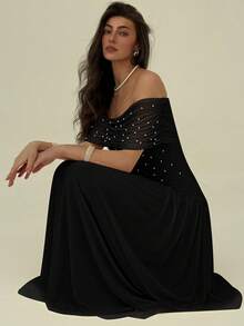 Aloruh Women Elegant Pearl Beaded Ruched Off Shoulder Fitted Long Dress Party Dresses For Women