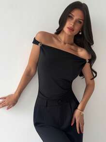 Firerie Women's New Pleated Asymmetric Shoulder Bodysuit, Casual Black Versatile Playsuit With Gold Decor, Elegant Sexy Bodysuit For Daily Wear, Office, Vacation, Beach, Music Festival, Spring/Summer