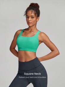 GLOWMODE 方領透氣運動胸罩，中等支撐度，適用於慢跑、健身、日常訓練 - 綠色 - 查看 2
