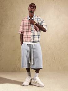 SUMWON Camisa informal de manga corta y dos tonos en estilo de bloques de color a cuadros con botones, para uso casual en primavera y verano, de tela ligera