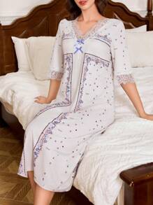 Trezura Women's V-Neck Contrast Lace Vintage Floral Print Nightgown - Multicolor - View 6