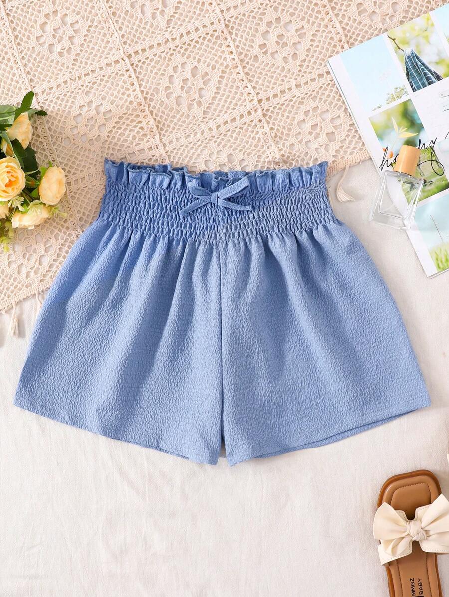 Tween Girls Casual Textured Fabric Shorts, Suitable For Any Occasion - Dusty Blue - View 1