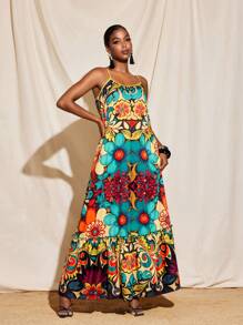 JIAN LASALA Boho All-Over Printed Spaghetti Straps A-Line Oversized Maxi Dress Women Vacation Summer Dress Women Birthday Outfit Women Dresses Elegant Gown Women Summer Clothing Beach Vacation Outfits European Summer Going Out Hawaii Outfits Women Ankara Dress Resort Wear Flowy Dress Vintage Homecoming Formal Dress Wedding Guest Dress Women - Multicolor - View 2