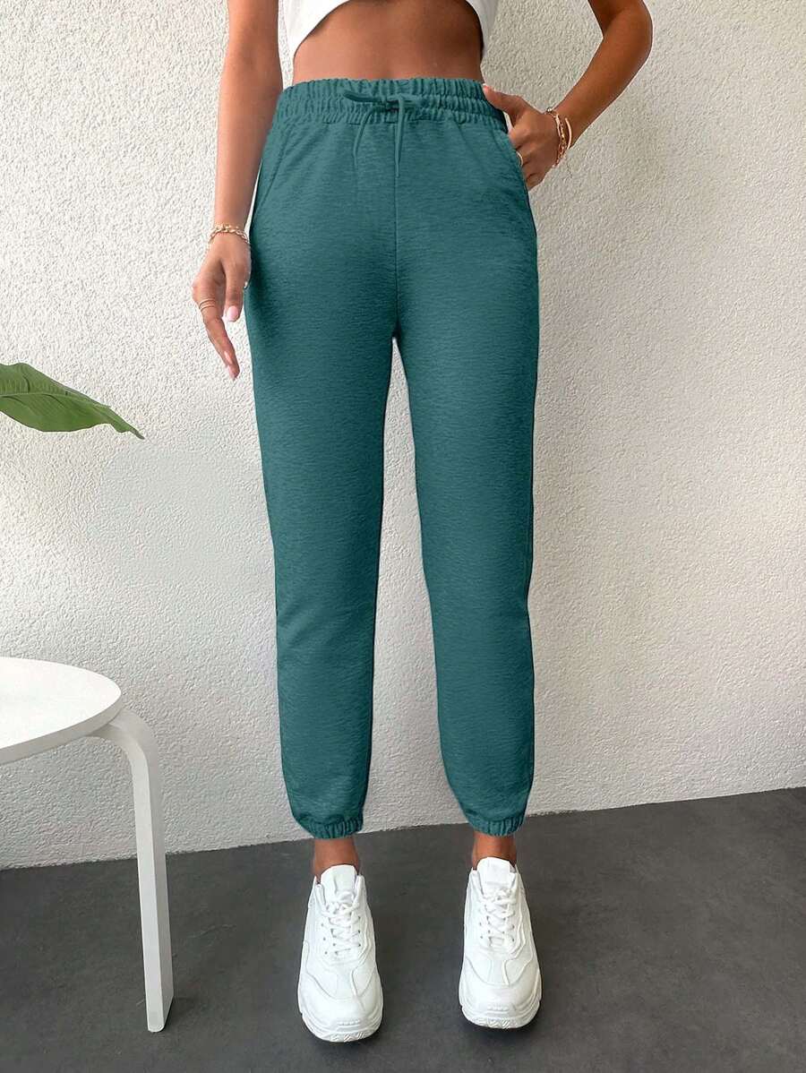 SHEIN Cottnline Cotton Ladies Tie-Up Ankle Sweatpants - Mint Green - View 1