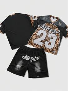 ROMWE MEN Prep 2pcs/Set Men Streetwear Style Patchwork Leopard Print & Numeric English Letter Graphic Tee Shirt Set - Black - View 1