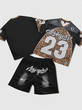 Street Life 2pcs/Set Men Streetwear Style Patchwork Leopard Print & Numeric English Letter Graphic Tee Shirt Set