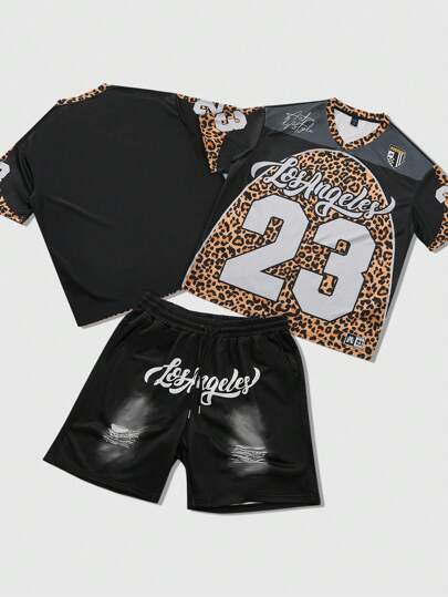 Street Life 2 Stücke/Set Herren Streetwear Stil Patchwork Leoparden Muster & Numerisch Englisch Buchstaben Grafik T-Shirt Set