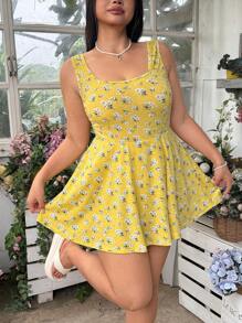 SHEIN EZwear 大码女式碎花无袖连体裤，带口袋 - 黃色 - 查看 9