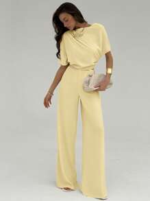 Aloruh New Simple Solid Apricot Color Ruched Shoulder Jumpsuits, Sexy Cinching Waist Wide Leg Pants - Yellow - View 4