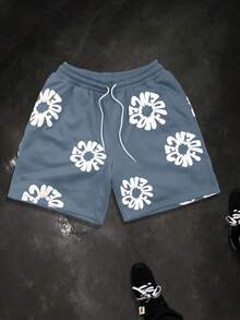 Manfinity EMRG 男士夏季休闲街头字母印花抽绳腰部宽松短裤 - 霧霾藍 - 查看 1