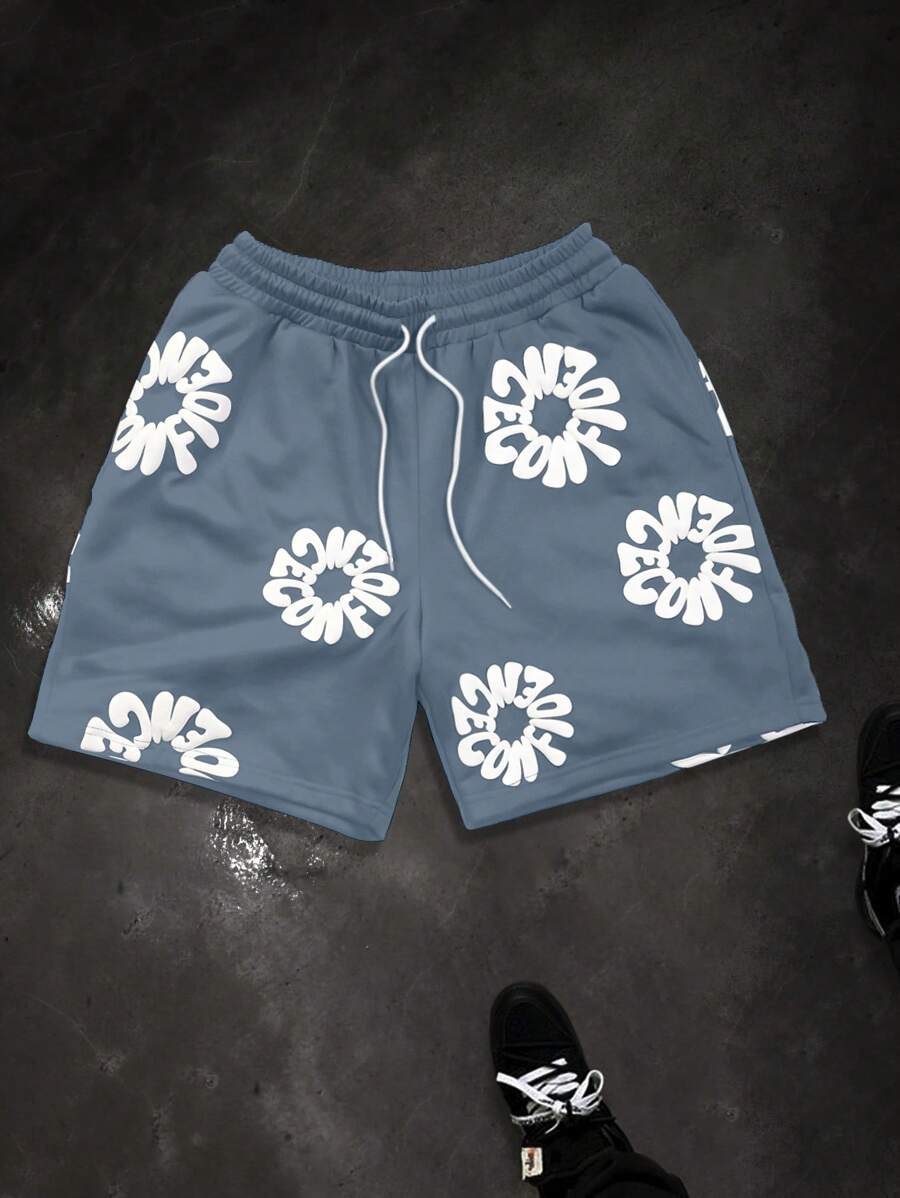 Manfinity EMRG 男士夏季休闲街头字母印花抽绳腰部宽松短裤 - 霧霾藍 - 查看 1