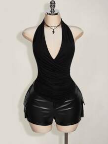 SHEIN ICON Plus Size Wrap Ruched Black Asymmetric Hem Halter Top For Women, Y2K Style, Suitable For Summer, Daily Wear,Club Sexy,Going Out Tops - Black - View 6