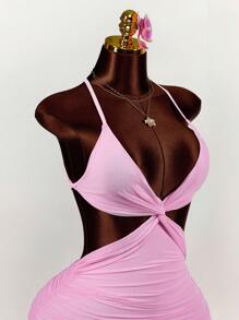 Amplova Party Dress Gold Dress  Christmas Women's Clothing Women's Solid Color Minimalist Everyday Cross-Tie Mini Dress - Pink - View 9