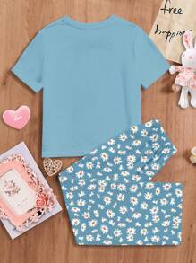 SHEIN Tween Girls Casual Simple Round Neck Short Sleeve Pants Pajama Set, Summer - Multicolor - View 2