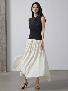 Heiryn Váy dài ngang gối không tay xếp nếp màu khối màu cho nữ, thời trang mùa hè - Đen và trắng - Xem 1