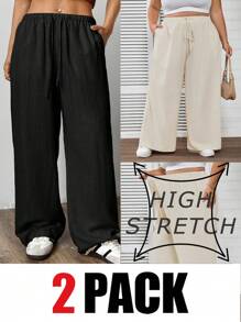 SHEIN CURVE+ 2pcs/Set Plus Size Apricot & Black Color Pants Summer/Country/Beach Vacation - Multicolor - View 2