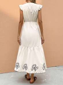 SHEIN Frenchy 女士秋季服装花卉刺绣 V 领荷叶边袖孔长裙，带侧袋和荷叶边下摆，节日风格服装日常服装、茶会礼服商务休闲女士外出服装女士夏季连衣裙度假服装女士教师服装女士西装女士夜间外出/外出