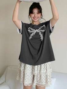 Dazy Plus Bow Decor Round Neck Top + Polka Dot Lace Splice Pants Pajama Set