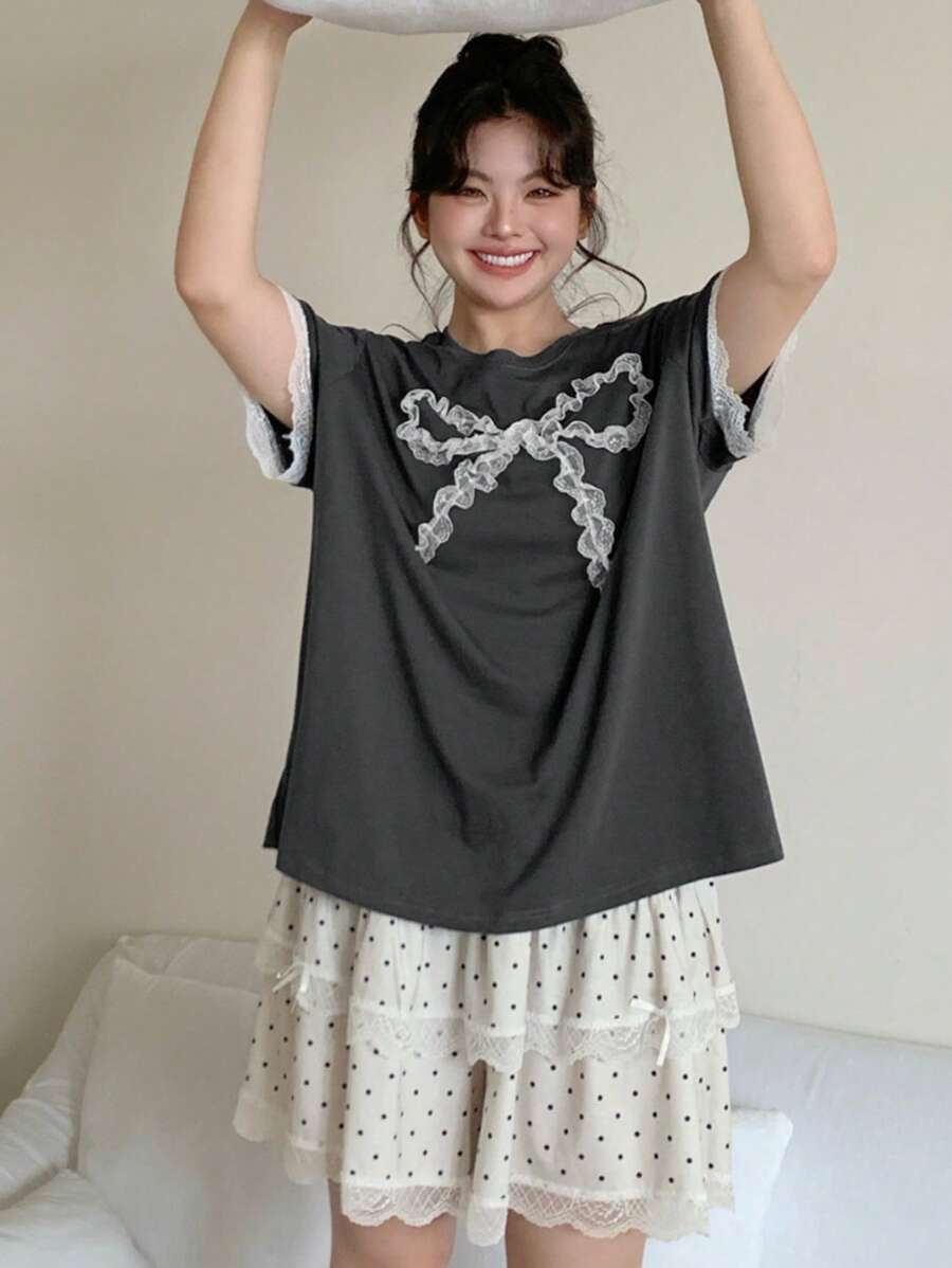 Dazy Plus Bow Decor Round Neck Top + Polka Dot Lace Splice Pants Pajama Set