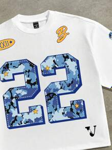 Manfinity ZONE917 Men's Street Style Striped Print Round Neck Loose Cropped T-Shirt, Summer Men's Cropped Tops - White - View 4