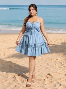 SHEIN MOD Plus Size Ruffled Open Back Dress, Fashionable For Summer - Blue - View 4