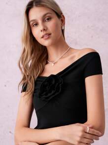 SHEIN Clasi Women's Casual Solid Color 3D Floral Decor Off Shoulder Ruched Top, Mesh Inset Embroidered Polka Dot Fabric Dress - Black - View 5
