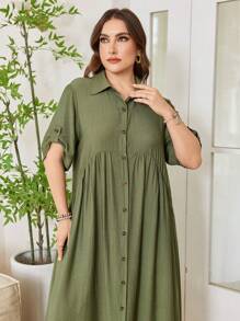 Lacomfia Vestito camicia casual con bottoni in taglie comode, manica corta, monocolore, comodo e versatile