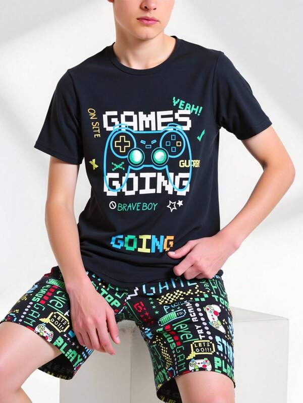 2pcs/Set Young Teen Boy Simple Fashion Letter Print & Gaming Pattern Short Sleeve Tee And Shorts Casual Pajama Set