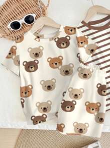 SHEIN 2件套泰迪熊棕色条纹宽松透气柔软舒适睡衣套装，适合男宝宝夏季穿着。