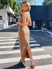 Siren Gaze 两件套女士夏季简约纯色Polo领无袖修身上衣搭配高开衩紧身裙套装，包括女士短裙、夏季工作连衣裙、女士夏季服装、棕色连衣裙、摩卡棕色连衣裙、浅褐色连衣裙、棕色中长连衣裙、棕色紧身连衣裙、棕色无袖连衣裙、优雅紧身中长连衣裙 - 駝色 - 查看 5