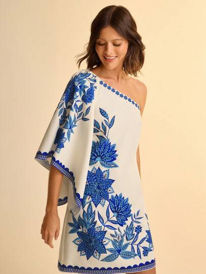 CAJUNI Vestido Assimétrico de Pescoço Casual com Estampa, Azul