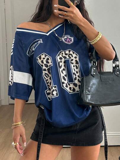 Coolane Dames lente zomer streetwear Y2K luipaardprint nummer grafische voetbalshirt V-hals roze T-shirt