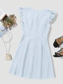 SHEIN Clasi Vestido corto elegante de mujer con cuello en V profundo, mangas tipo campana y decoración de botones en unicolor