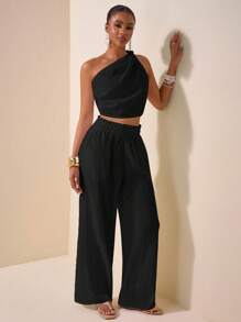 Zivah 2025 Summer New Style For Birthday Parties, Back To School Season, Student Wear, Daily Outings, Basic And Versatile, Leisure, Vacation, Cruise Travel, Beach, Seaside, Sunbathing, Popular Online Style, Elegant, Commuting, Business Casual, One Shoulder, Knot, Off-Shoulder And Backless, Cropped Women's Tops And Straight Loose Trousers, Ruffled Edges, Pockets, Textured Vertical Stripes, Black, Summer Suits, Women's Two-Piece Suits - Black - View 6