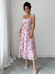 Elenzga Vestido de vacaciones romántico para mujer, vestido sin mangas con tirantes de espagueti, volantes en la espalda y estampado floral diminuto para el verano