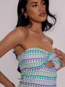 MUSERA Patterned Crochet Knit Twist Front Fitted Sleeveless Bandeau Top Only Ibiza Sexy Vacation Holiday Spring Summer Festival Rave Beachwear Going Out Tops - Multicolor - View 3