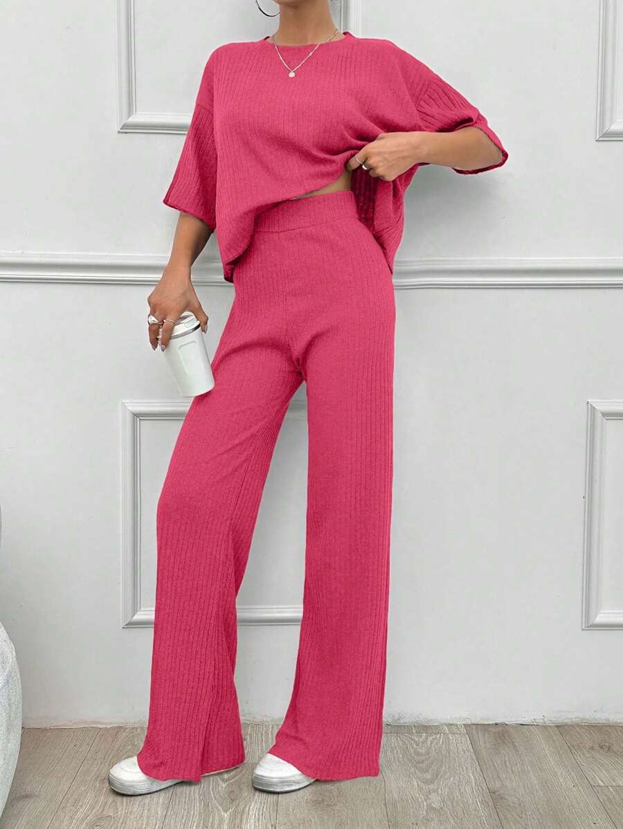 SHEIN Tall Cotton Simple Summer Solid Loose Drop Shoulder Short Sleeve Top And Straight Pants - Hot Pink - View 1