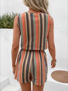 SHEIN LUNE 2 件套女士休闲编织条纹图案分体泳衣上衣和高腰宽松短裤度假装女士夏季 2 件套女士夏季套装女士短套装度假条纹两件套沙滩 2 件套 - 橘色 - 查看 2